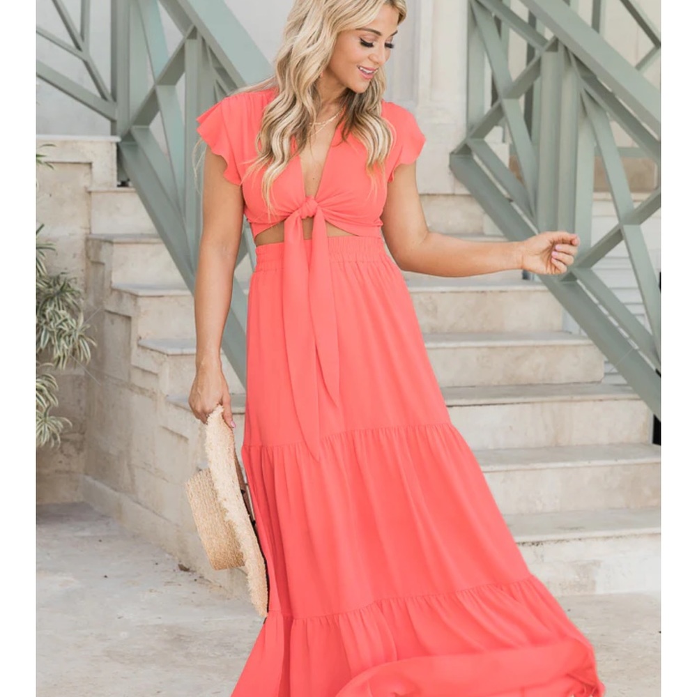Pink Lily Say You Will coral tie front cropped blouse and tiered maxi skirt NWT